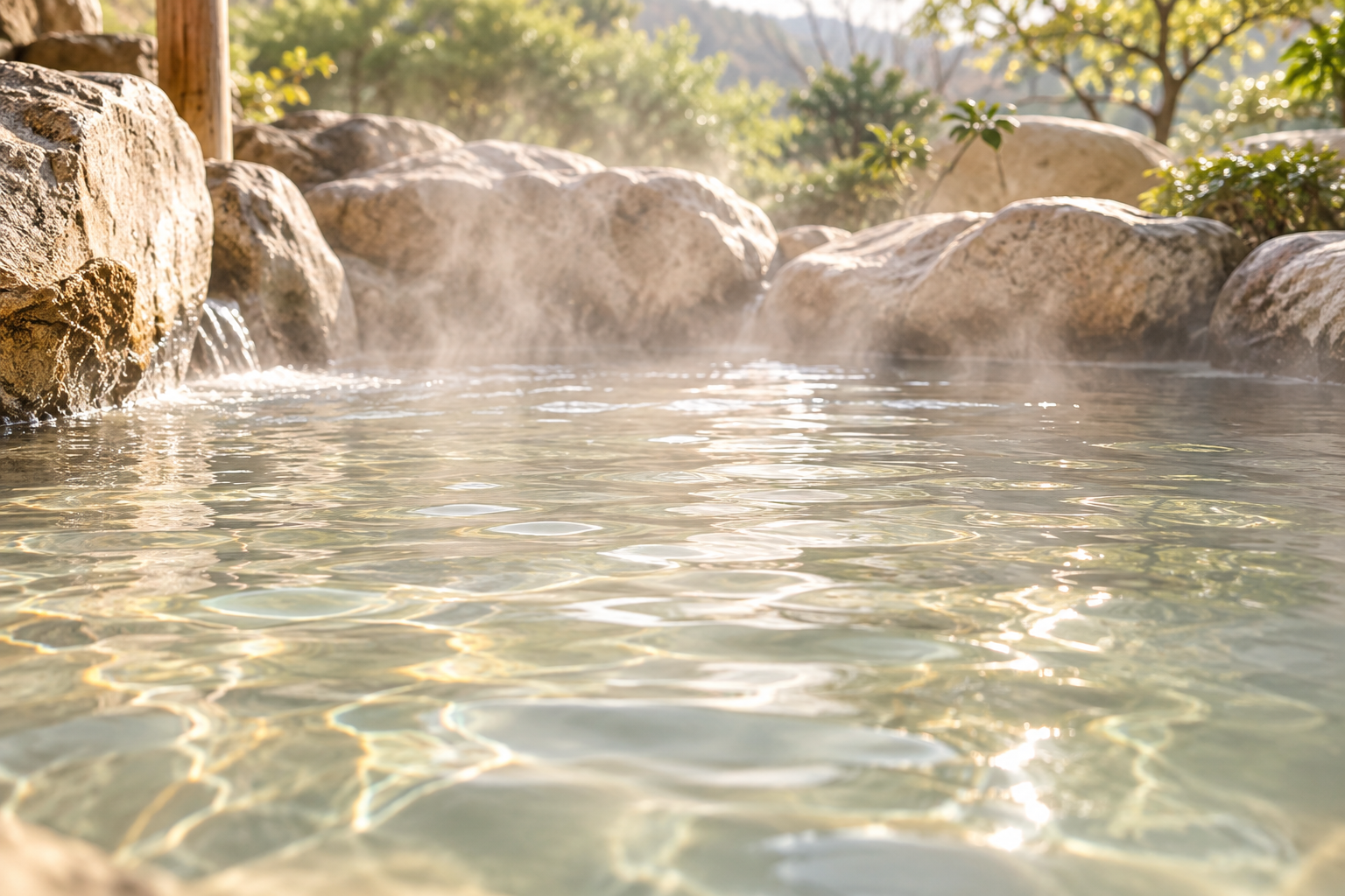 自然な石に囲まれ、湯気とやわらかな光が広がる温泉のイメージ