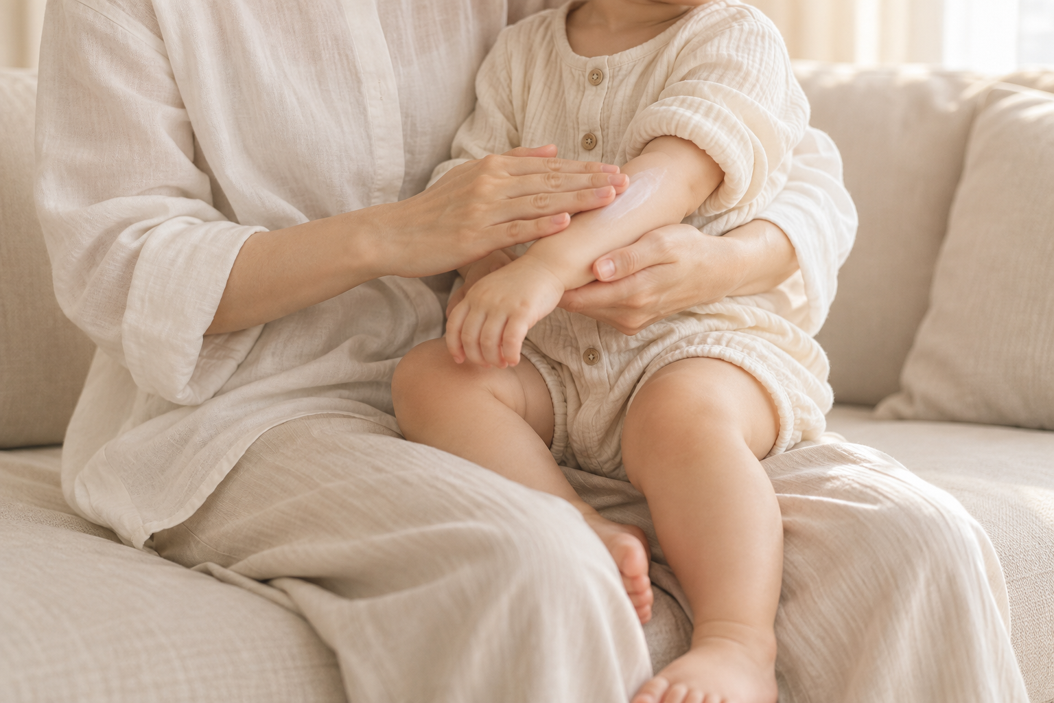 親の膝に抱かれた幼い子どもの腕を、やさしくお手入れする場面のイメージ